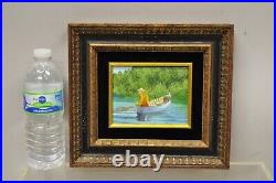 Daniel Belliard Enamel on Copper Small Framed Painting Fisherman in Boat on Lake