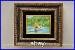 Daniel Belliard Enamel on Copper Small Framed Painting Fisherman in Boat on Lake