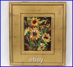 Daphne Keskinis Enamel Painting Sunflowers Floral 8x10 in 16x18 Gilt Wood Frame