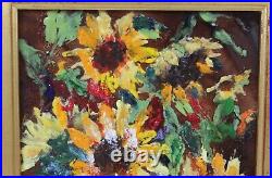 Daphne Keskinis Enamel Painting Sunflowers Floral 8x10 in 16x18 Gilt Wood Frame