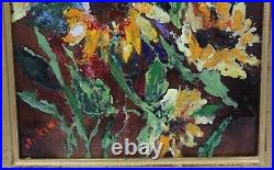 Daphne Keskinis Enamel Painting Sunflowers Floral 8x10 in 16x18 Gilt Wood Frame