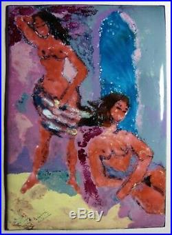 Daphne Keskinis Modern Art Enamel Copper Painting Plaque Impression Nude Surfers