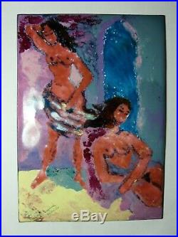 Daphne Keskinis Modern Art Enamel Copper Painting Plaque Impression Nude Surfers