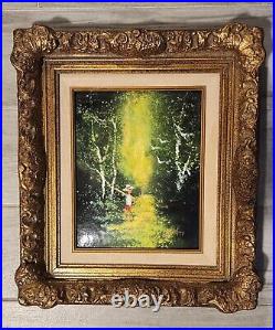 David KARP enamel Boy with Fishing Pole In Forest 8x10(14x16 framed), Signed