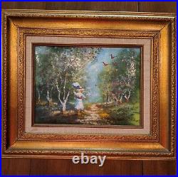 David KARP enamel-Woman withUmbrella In Forest-12 1/8x9(11 1/2x8 1/2 frame) Signed