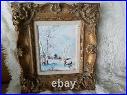 David Karp Children Lake Snow Winter Scene Enamel on Copper Painting Picture