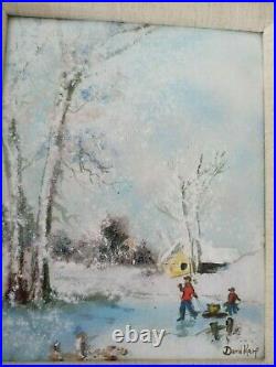 David Karp Children Lake Snow Winter Scene Enamel on Copper Painting Picture