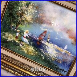 David Karp Children Mother Son Sail Boats Lake Birds Enamel on Copper Painting