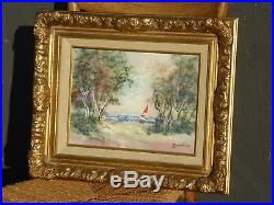 David Karp Woman Watching Sail Boat Scene Enamel on Copper Painting Picture