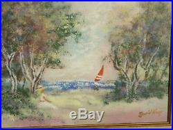 David Karp Woman Watching Sail Boat Scene Enamel on Copper Painting Picture