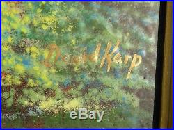 David Karp Woman w Umbrella Child Garden Scene Enamel on Copper Painting Picture