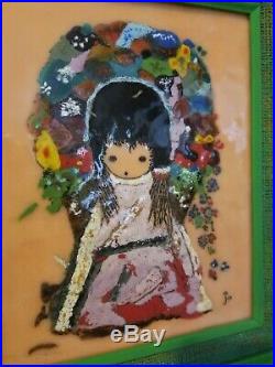 DeGrazia Painting Repro Flower Girl Framed Enamel on Copper Plate Signed Jo