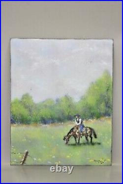 Dom Dominic Mingolla Enamel on Copper Painting Horse Rider in Pasture 10 x 8