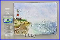 Dom Dominic Mingolla Enamel on Copper Painting Red Lighthouse Shoreline 9 x 12