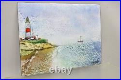 Dom Dominic Mingolla Enamel on Copper Painting Red Lighthouse Shoreline 9 x 12