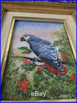 Dom Mingolla Enamel on Copper Painting Grey Parrot Perched Tropical Signed VTG