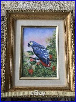 Dom Mingolla Enamel on Copper Painting Grey Parrot Perched Tropical Signed VTG