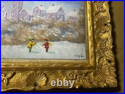 Don Mingolla Children In Snow Scene Enamel On Copper Painting Signed/Framed