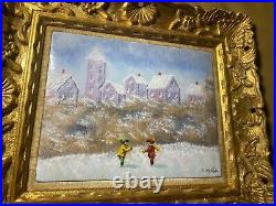 Don Mingolla Children In Snow Scene Enamel On Copper Painting Signed/Framed