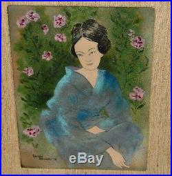 Dorothy Binowitz Chinese Girl And Roses Enamel Painting On Copper