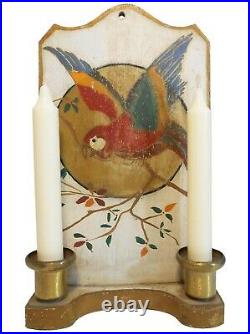 EARLY 20TH C AMERICAN 2 CANDLE HANGING WOODEN WALL SCONCE, WithHAND PAINTED PARROT