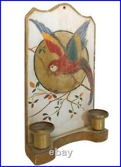EARLY 20TH C AMERICAN 2 CANDLE HANGING WOODEN WALL SCONCE, WithHAND PAINTED PARROT
