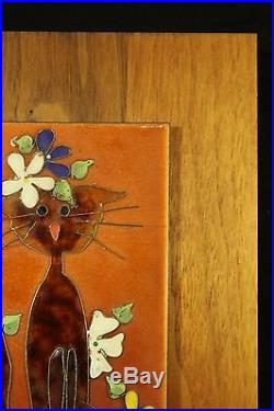 Edith Meyer Enamel Copper Cloisonne Style Art CAT Wood Frame Signed
