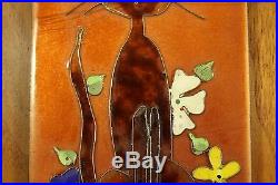Edith Meyer Enamel Copper Cloisonne Style Art CAT Wood Frame Signed