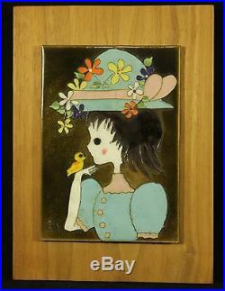Edith Meyer Enamel Copper Cloisonne Style Art Summer Girl Wood Frame Signed