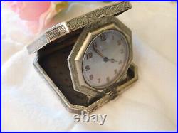 Elgin Antique Sterling Silver Hand Painted Enamel Folding Case Travel Clock