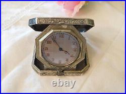 Elgin Antique Sterling Silver Hand Painted Enamel Folding Case Travel Clock