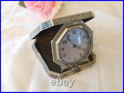 Elgin Antique Sterling Silver Hand Painted Enamel Folding Case Travel Clock