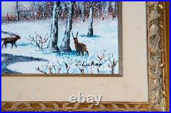 Enamel On Copper Painting, Original Jaroslav Lukes Framed Painting, Elk Snow