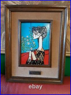 Enamel Silver Vintage Pablo Picasso Jacqueline with Flowers Framed Ca 1950s