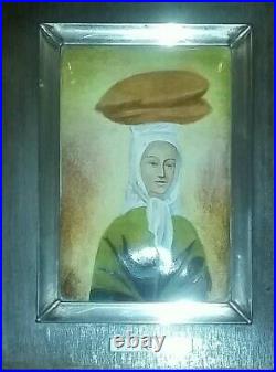 Enamel Vintage Picasso Painting Woman with Loaves Silver Hallmarked Framed C1950