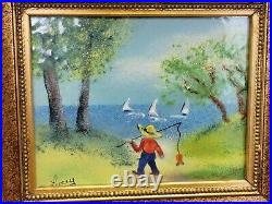 Enamel on Copper Art Painting Boy Fishing Sailboat Signed Lucy 5 x 7 Framed