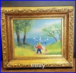 Enamel on Copper Art Painting Boy Fishing Sailboat Signed Lucy 5 x 7 Framed