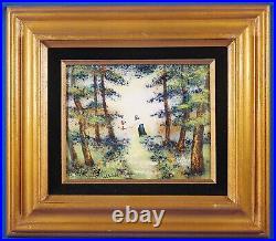 Enamel on Copper Lady & Child Holding Hands in ForestPainting Signed by Artist