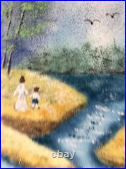 Enamel on Copper Landscape Painting WithFemale & Child Signed J Polk Cloisonne