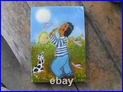 Enamel on Copper Painting Art Child in Garden Playing Saxophone Jenny Hellers