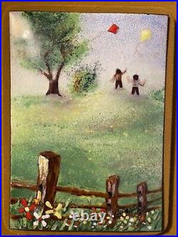 Enamel on Copper Painting Of Two Boys Flying Kites