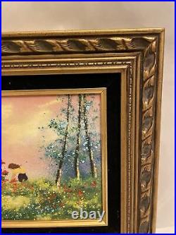 Enamel on Copper Painting. Two Girl playing picking flowers signed