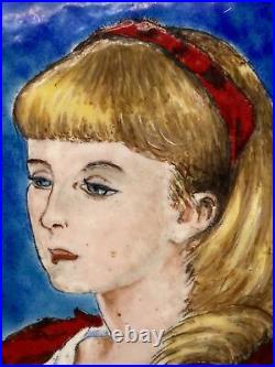 Enamel on Copper Portrait of A Young Girl Unframed J. V. C. Of Barcelona Spain MCM