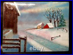 Enamel on Copper Winter Farm Scene Snow Farmhouse Barn Signed Walt Litt s-1K
