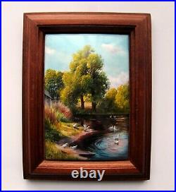 Enamel on copper plate painting / plaque, free hand, framed 6x7.9, 15.5x20cm