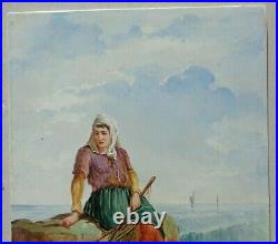 Enamel on porcelain seascape painting eel fishing woman signed Philippe Pavy