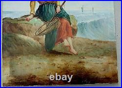 Enamel on porcelain seascape painting eel fishing woman signed Philippe Pavy
