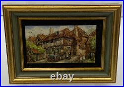 English Village Scene Rita E Whitaker Miniature Enamel on Copper Signed Framed