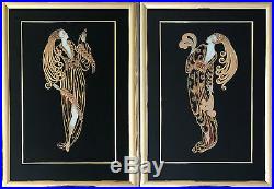Erte Unique Pair Enamel on Glass with Gold Foil Overlay 39h x 27w Each