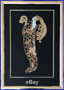 Erte Unique Pair Enamel on Glass with Gold Foil Overlay 39h x 27w Each
